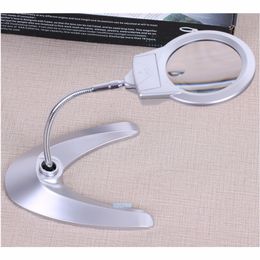 Freeshipping 85mm Desk Metal Hose Illuminated Magnifying glass multi-function with 2 LED fresnel lens Reading magnifier table lamp 2X 6X