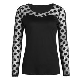 Wholesale- Women Long Sleeve Slim Hollow Mesh Patchwork Polka Dot T-Shirt Top