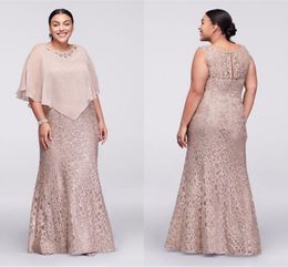 Champagne New Mother Off Bride Jewel Neck Full Lace With Cape Wrap Beaded Floor Length Mermaid Plus Size Wedding Guest Dresses