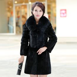 Women's winter fashion real fox fur collar long sleeve full pelt rex rabbit fur coat medium long casacos plus size 4XL