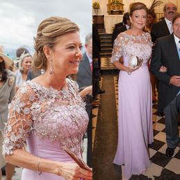 Elegante lavendelfarbene Chiffon-Mutter der Brautkleider für Hochzeiten, Spitze, applizierte Perlen, halbe Ärmel, formelle Abendkleider für Mütter und Bräutigam