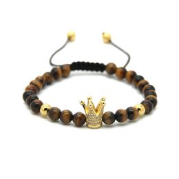 6mm Natural Tiger Eye Grey Jasper Bronzite Blue Veins Stone Beads Gold And Silver Plated Crown Braided CZ Bracelet