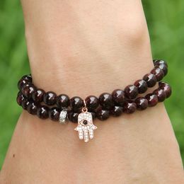 Wholesale 10pcs/lot 6mm Natural Garnet Stone Beads with Micro Inlay Zircons Fatima Hand Hamsa Pendant Bracelets Womens Jewelry