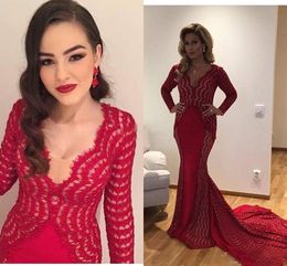 Red Lace Long Sleeve Women Formal Evening Dresses 2017 Deep V Neck Court Train Prom Dresses Mermaid Formal Pageant Gowns Custom Made