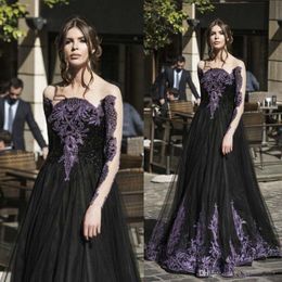 Charming Black And Purple Lace Appliqued Prom Dresses Sheer Neck Illusion Long Sleeves Tulle Evening Gowns Floor Length Formal Wear