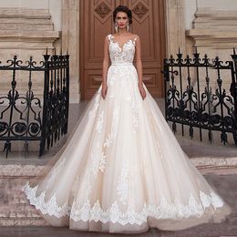 Sheer Scoop Neckline Champagne Color Ball Gowns Wedding Dress Applique Lace Illusion Back Bridal Dress vestido para casamento