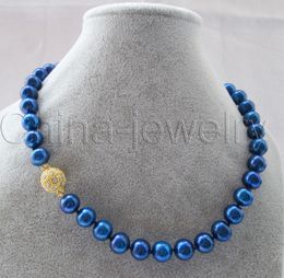 P6087-17" 10-11mm natural blue round freshwater pearl necklace - magnet GP clasp
