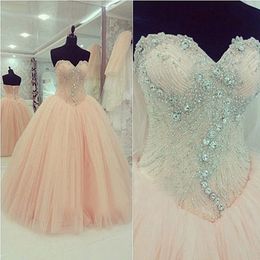 Gorgeous Sweet 16 Dresses Ball Gown Blush Pink Soft Tulle Quinceanera Dress Exquisite Beaded Top Sweetheart Sleeveless Prom Party Gowns
