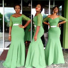 Elegant Nigerian Style Bridesmaid Dress Mermaid Long Bridesmaids Dresses Scoop Neck Illusion Half Sleeves Beaded Fitted Gowns