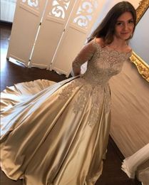 Винтажное золотое кружево с длинными рукавами атласное свадебное платье подметать свадебные платья vestido de noiva wd112801275l