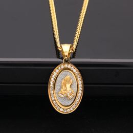 Hip Hop 18K Gold Plated DJ Nightclub Glitter Oval Medal Iced Out Crystal Rhinestones Prayer Hand Pendant Necklace 24 inch Chain Jewellery