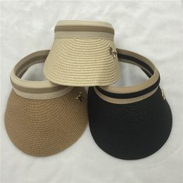 Wholesale-2016 New striped summer Paper straw visors for women sun visor cap tennis Bowknot ladies sun hats black beige