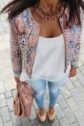 2016 New European and American style retro print round neck sport jackets women summer coat Plus Size S M L XL