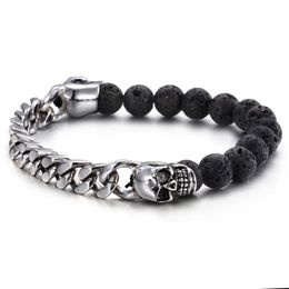 High Quality 316L Stainless Steel Biker Skull Curb Chain Black volcano Stone Ball Bracelet Bangle Men's Jewelry Gift