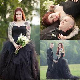 Gothic Black Tulle Wedding Dresses 2017 Vintage Sweetheart Ruffles Tiered Puffy Bridal Gowns Plus Size Custom Made China EN10092