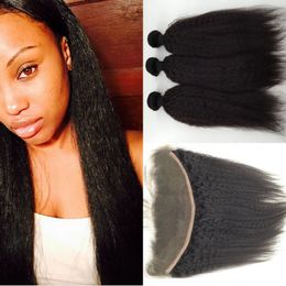 Malaysian Virgin Hair Weaves With Lace Frontal Closure 13*4 inch Unprocessed Kinky Straight Human Hair Bundles And Ear To Ear Closure