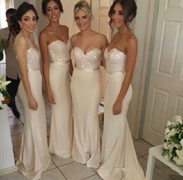 Beautiful Beige Bridesmaid Dresses Top Sequined Sweetheart Prom Dress Long Ribbon Country Party Evening Gowns Cheap Petite maid of Honour