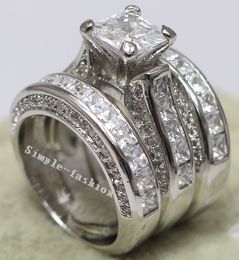 Vecalon Women Fashion Jewelry Full princess cut 15ct Cz diamond Engagement Wedding Band Ring Set 14KT White Gold Filled ring