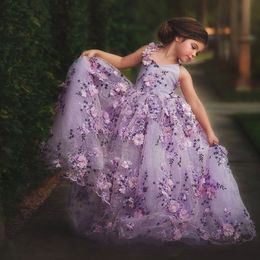 Lavender Lace Little Girls Pageant Dresses 3D Appliques Toddler Ball Gown Flower Girl Dress Floor Length Tulle First Communion Gowns
