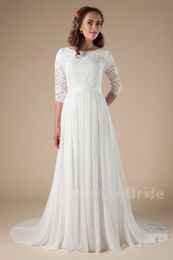 New Lace Chiffon Long Modest Wedding Dresses With Lace Sleeves Informal Reception lDS Bridal Gowns Custom Made Boho Bridal Gowns