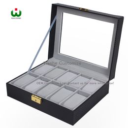 10 Grids Slot PU New Bias Leather Brand Logo Watch Box Display Organizer Glass Top Jewelry Storage ORGANIZER BOX BLACK Grey Interi223W