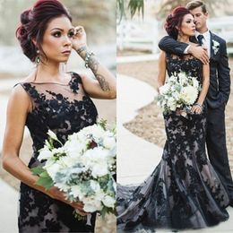 Vintage 2019 Black and Champagne Mermaid Wedding Dresses Gothic Sheer Neckline Lace Appliqued Long Bridal Gowns Custom Made EN82415