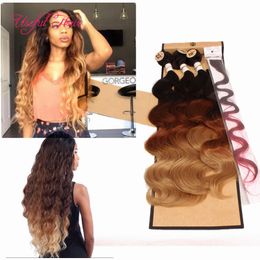 OMBRE COLOR Body wave hair weaves 4pcs/lot=one head machine double weft bundle with lace closure,sew in hair extensions weaves closure wefts
