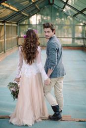 Elegant Fall Long Poet Sleeves Boho Wedding Dresses 2018 Jewel Neck Lace Appliques Chiffon Panelled Bohemian Wedding Gowns Bridal Dress 12