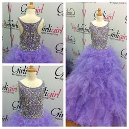 2021 Lilac Girl's Pageant Dresses with Major Beading Bodice and Jewel Neck Real Pictures Layered Tiered Organza Turquoise Pageant Gowns Kids