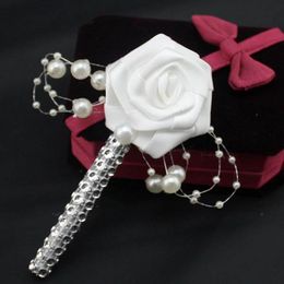 1PC HandMade Groom Boutonniere White Ribbon Rose Wedding Bouquet Flower Groomsmen Corsages Party Prom Man Suit Accessories