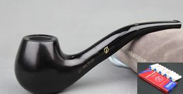 Wholesale-Traditional Handmade Nature Ebony Wood Black Tobacco Smoking Pipe Round Wooden Pipe & Pouch & Stand & 10X 9mm Pipe