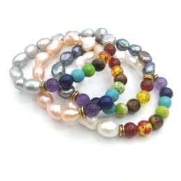 -JLN Baroque Pearl Beaded Strands Bracelets Seven Chakra Perlas de agua dulce Curación de piedra Pulsera de yoga para regalo