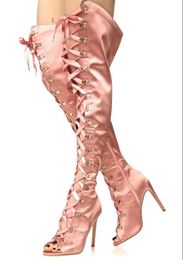 2017 new women over knee high boots thin heel tall gladiator booties peep toe lace up thigh high booties party shoes