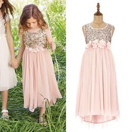 Sparkly Blush Pink Sequins Flower Girl Dress A Line Jewel Neck Sleeveless Handmade Flowers Tulle Girl's Formal Wear for Wedding Party Cheap