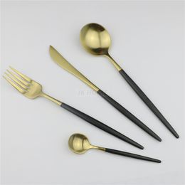 JANKNG 24 Pcs/Lot 18/10 304 Black Handle Golden Flatware Set Stainless Steel Cutlery Set Matte Spoon Fork Knife Dinnerware Set