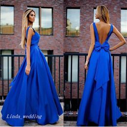 Royal Blue Long Evening Dress Arabic A Line Bow Backless Women Wear Formal Prom Party Event Gown