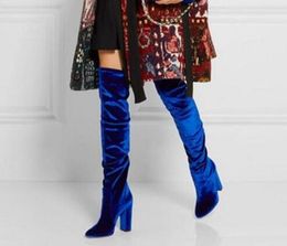 2017 Celebrity Designer Women velvet Thigh High Boots Block High Heels Over knee Long Booties Blue Burgundy Chaussure Femmes