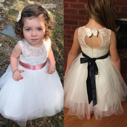 Cheap Lace Flower Girl Dresses For Wedding 2019 Soft Tulle Communion Gowns White Kids Dress With Sash