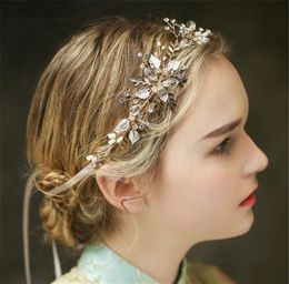 Vintage Wedding Bridal Leaf Headband Ribbon Crystal Rhinestone Crowns Tiaras Flower Floral Headpiece Princess Gold Headdress Women Fashion Hair Accessories