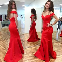 Modest 2017 Red Satin Mermaid Prom Dresses Long Cheap Off The Shoulder Sexy Cut Out Back Formal Party Evening Gowns Custom Made EN10919