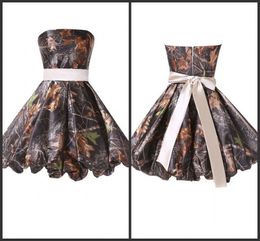 2022 Cocktail Dresses Short Camo Party Gown A Big Bow Sashed Strapless Zipper Back Prom Dresses Sample Design Camo Evening Party Dresses