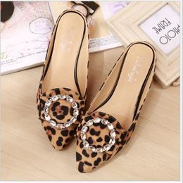 33-43 big yards for women's slippers summer diamond cool slippers female flat baotou lazy leopard