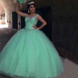 Stunning Mint Ball Gown Sweet 16 Dress Puffy Crystals Tulle Quinceanera Dresses Sheer Scoop Neck Sleeveless Full Length Party Gowns Custom