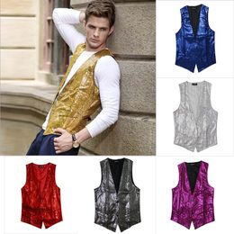 Fall-Man Vest Stage Bar Service Bright Cover Cardigan Waistcoat Performance Show Sleeveless Sequin With Waistbelt Formal Mens Vests