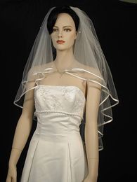 Two Layer Wedding Veil White Ivory Ribbon edge Bridal Veil Fingertip Length Beaded with comb 185a