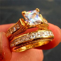 Luxury 100% Really 925 Sterling silver& yellow gold Ring Set 2-in-1 Wedding Jewelry For Women 20ct 7*7mm Princess-cut Topaz Gemstone Rings