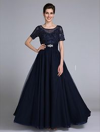 Navy Blue Scoop Floor-length Short Sleeve Chiffon Mother Of The Bride Appliques with Beadings Formal Evening Gowns