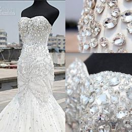 Expensive Luxury Wedding Dresses Mermaid 2016 Sexy Sparkly Beaded Crystal Sweetheart Neck Elegant Ivory Backless Bridal Gowns Long Train