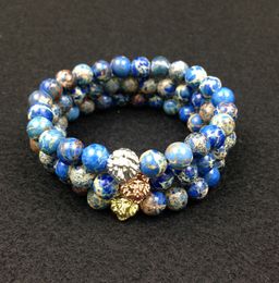 SN0446 8mm Blue Sea Sediment Stone Beads 18K Gold Rose Gold Silver Lion Head Bracelet, 2016 New Design High Grade Mens Jewellery