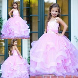 Gorgeous Spaghetti Girls Pageant Gowns Tulle Tiered Lace Up Back Flower Girl Dresses For Wedding Floor Length Baby Formal Party Dress